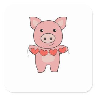 Pig For Valentine's Day Cute Animals With Hearts Square Sticker