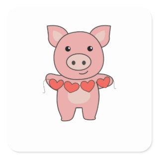 Pig For Valentine's Day Cute Animals With Hearts Square Sticker