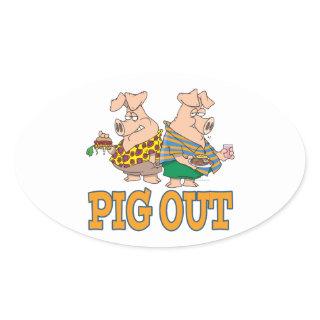 PIG OUT PIG FOOD CARTOON OVAL STICKER