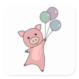 Pig Piglet Balloons Flies Cute Animals Square Sticker