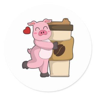 Pig with Coffee to go Classic Round Sticker