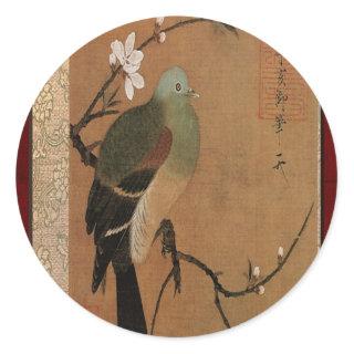 Pigeon on the Peach Tree Vintage Japanese Floral Classic Round Sticker