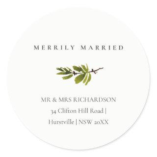 Pine Branch Christmas Address Merrily Married Classic Round Sticker