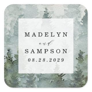 Pine Tree Forest Rustic Watercolor Wedding Favor Square Sticker