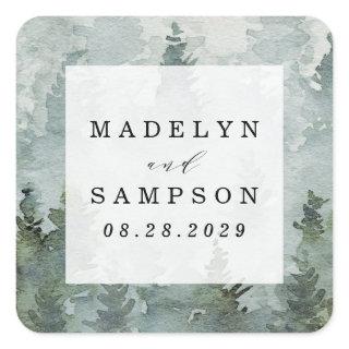 Pine Tree Forest Rustic Watercolor Wedding Favor Square Sticker