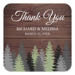 Pine Trees Rustic Wood Winter Wedding Thank You Square Sticker