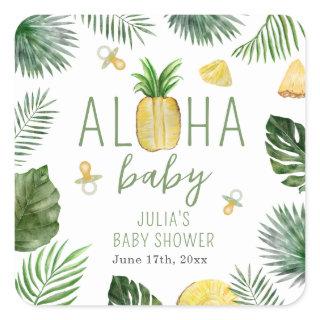 Pineapples & Pacifiers Aloha Baby Shower Green Square Sticker