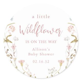 Pink A Little Wildflower Rustic Boho Baby Shower  Classic Round Sticker