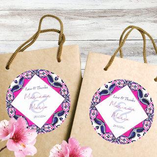 Pink and blue Mexican tiles wedding favor Classic Round Sticker