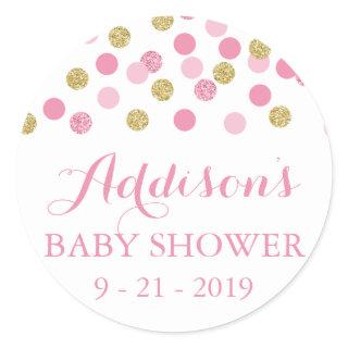 Pink and Gold Glitter Baby Shower Circle Stickers
