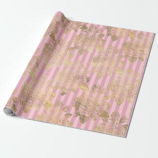 Pink and Gold Paris Foil Roses and Stripes Pattern