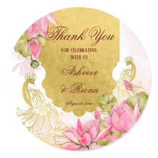 Pink and gold peacock lotus Indian wedding  Classic Round Sticker