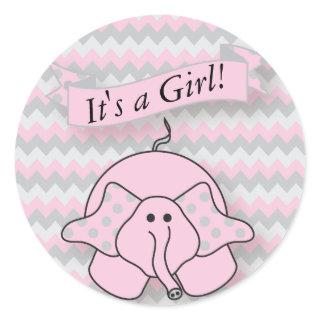Pink and Gray Chevron Baby Elephant Classic Round Sticker