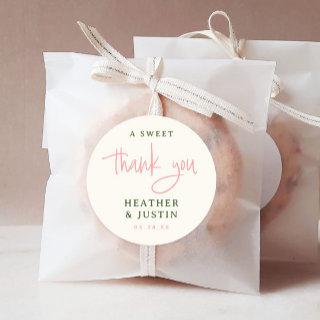 Pink and Green A Sweet Thank You Wedding Favor Classic Round Sticker