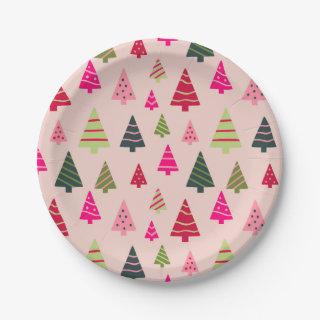 Pink and Green Christmas Trees Paper Plates