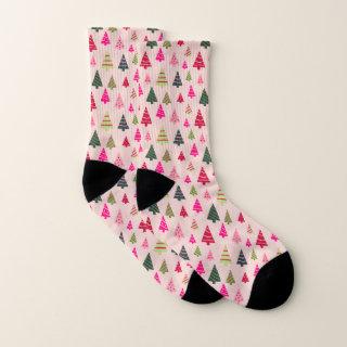 Pink and Green Christmas Trees Socks