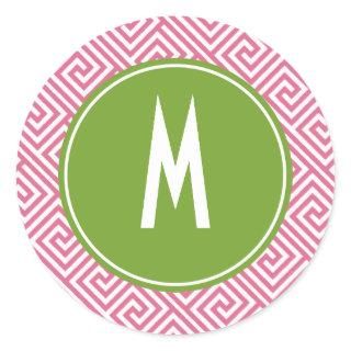 Pink and Green Greek Key Pattern Monogram Classic Round Sticker