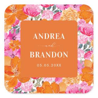 Pink and Orange Bright Summer Floral Wedding Square Sticker
