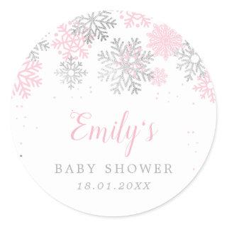 Pink And Silver Snowflakes Winter Girl Baby Shower Classic Round Sticker