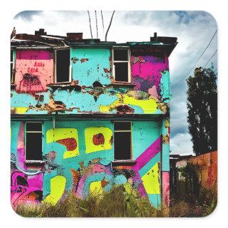 Pink and Teal Graffiti Art | Abandoned House Square Sticker