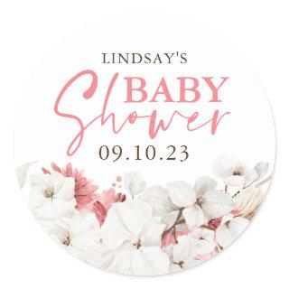 Pink and White Flowers Boho Baby Shower Classic Round Sticker