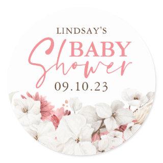 Pink and White Flowers Boho Baby Shower Classic Round Sticker