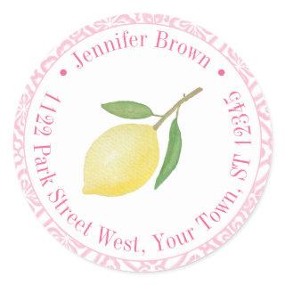 Pink And White Positano Lemon Return Address  Classic Round Sticker