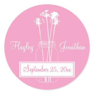 Pink and White Wildflowers Mason Jar Save The Date Classic Round Sticker