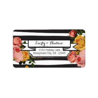 Pink and Yellow Heirloom Roses Black White Stripe Label