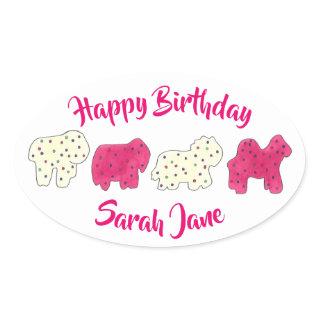 Pink Animal Crackers Cookies Circus Birthday Party Oval Sticker