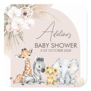 Pink Arch Safari Wild One Baby Shower  Square Sticker