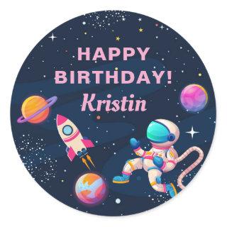 Pink Astronaut Outer Space Rocket Ship Birthday Classic Round Sticker