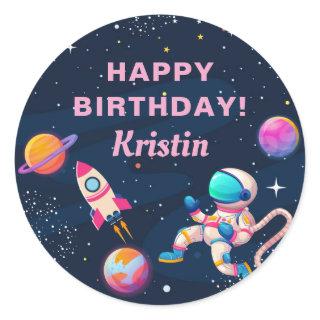 Pink Astronaut Outer Space Rocket Ship Birthday Classic Round Sticker