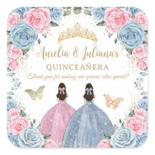 Pink Baby Blue Floral Princesses Twins Quinceañera Square Sticker
