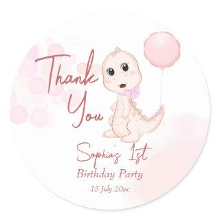 Pink baby dinosaur birthday party personalized  classic round sticker