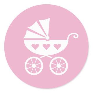 Pink baby shower stickers with cute carriage pram