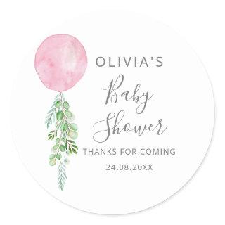 Pink Balloon Eucalyptus Baby Shower Classic Round Sticker