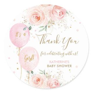 Pink Balloons Floral Baby Shower Thank You Favor Classic Round Sticker