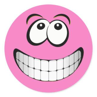 Pink Big Grin Face Classic Round Sticker