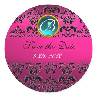 PINK BLACK DAMASK MONOGRAM , blue turquase,fuchsia Classic Round Sticker