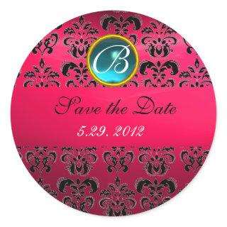 PINK BLACK DAMASK MONOGRAM ,red ruby ,fuchsia blue Classic Round Sticker