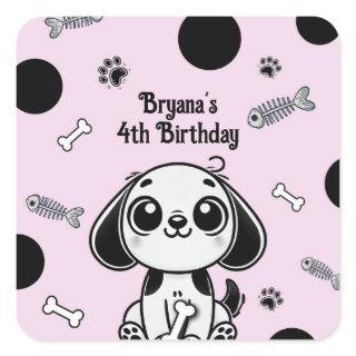 Pink & Black Fish Bones Puppy Dog Birthday Party  Square Sticker