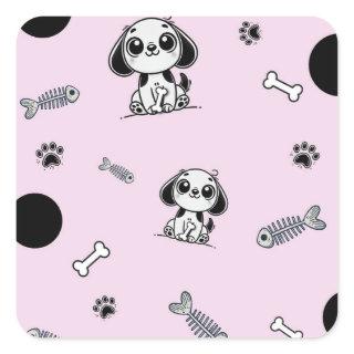 Pink & Black Fish Bones Puppy Dog Birthday Party  Square Sticker