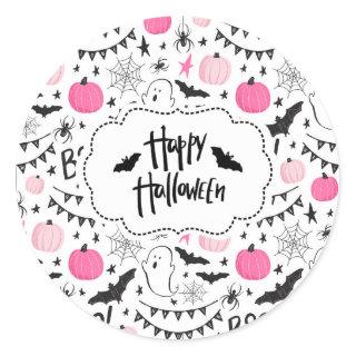 Pink Black Retro Halloween Cute Ghost Bats Pumpkin Classic Round Sticker