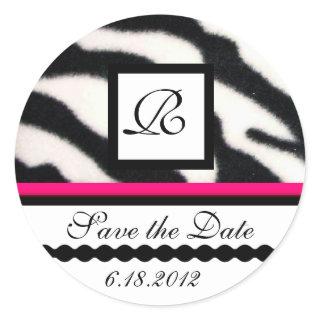 PINK BLACK WHITE ZEBRA FUR MONOGRAM ,Save The Date Classic Round Sticker