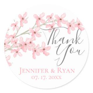 Pink Blossoms Watercolor Thank You Classic Round Sticker