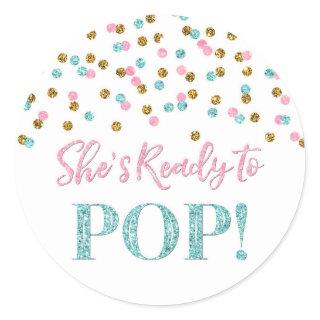 Pink Blue Gold Confetti She's Ready to Pop Classic Round Sticker