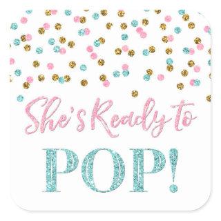Pink Blue Gold Dots She's Ready to Pop Square Sticker