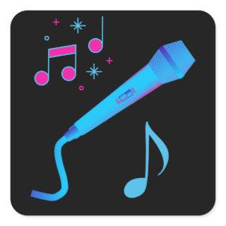 Pink blue hand drawn microphone musical notes square sticker