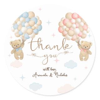 Pink blue he or she bear balloons gender reveal classic round sticker